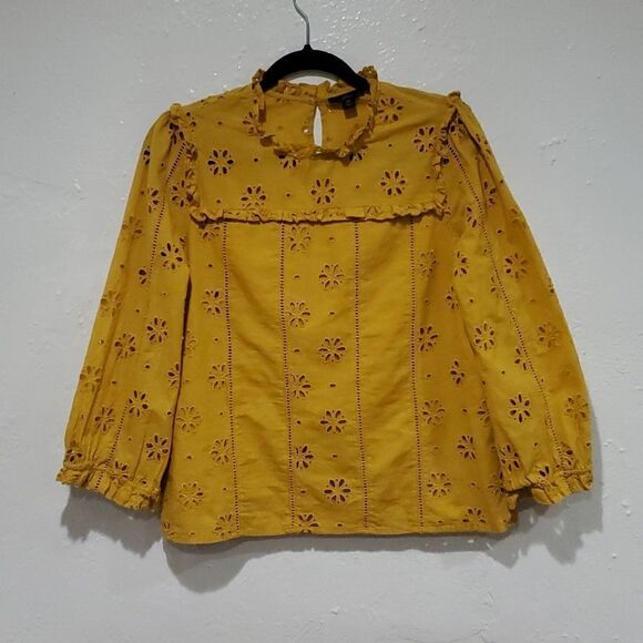 J. Crew Mustard Eyelet Long Sleeve Mock Neck Ruffled Top Size XS - Picture 3 of 13